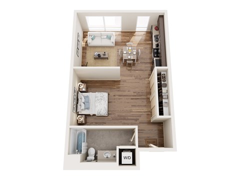 Floor plan for 1 bed, 1 bath, 648 sqft